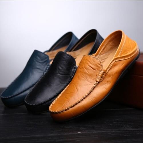 New Fashion Leather Men Shoes Casual Flat Men Shoes Breathable Loafers Men Genuine Leather Moccasins Comfortable Plus Size 38-46