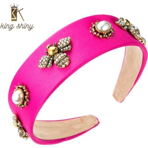King Shiny Chic Imitation Pearl Bee Headband for Woman Elegant Solid Color Fabric Hairband Female Party Hair Jewelry Tiara Bezel