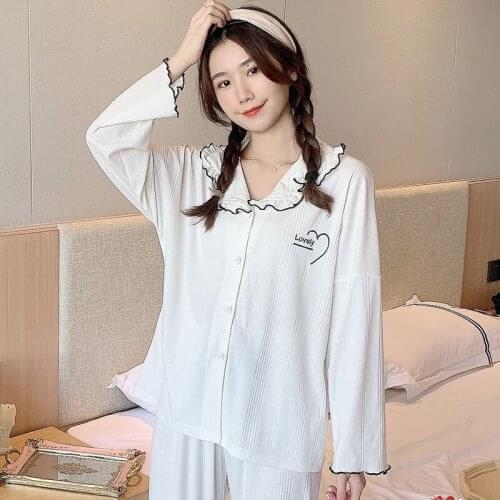 Chicnymph Pyjamas Women Spring Cotton Long Sleeve Pijama Mujer Turn-down Collar Letter Embroidery Pajamas 2-piece Set Homewear