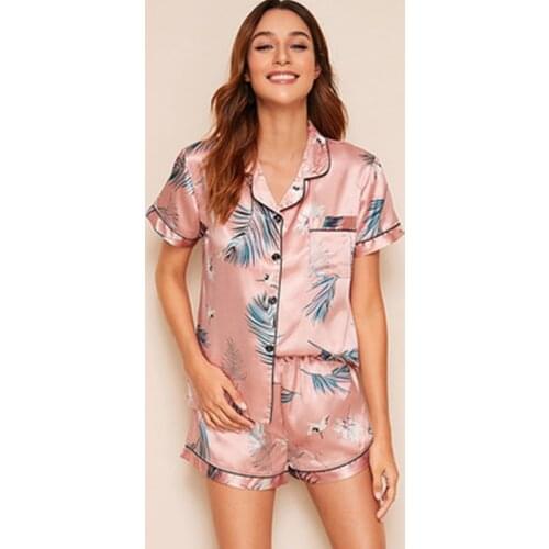 Button-down Ladies Pajama Set Satin Silk Pajamas Short Sleeve Top Shorts Womens Lounge Wear Home Suit Plus Size Nightwear Set