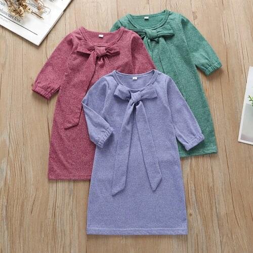 Girl Dress Solid Cotton O-Neck A-Line Brief Girls Clothes Full Sleeve Bow Casual Dress Pajamas Vestido