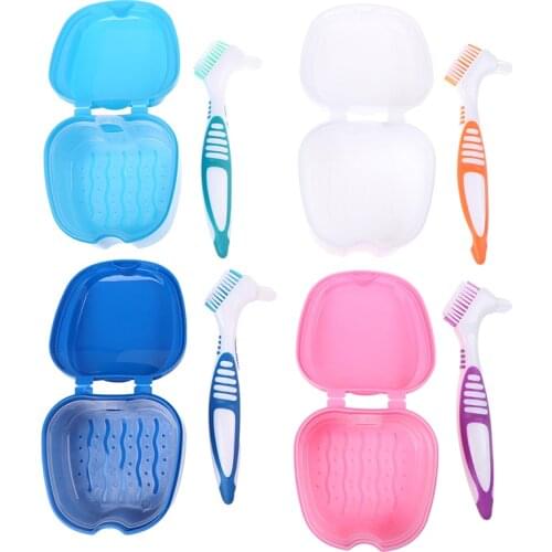 1set Denture Box And Brush Set Retainer Cleanning Denture Case Brush Toothbrush high quality