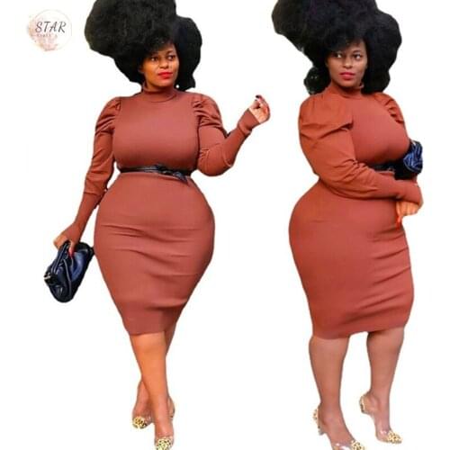 Plus Size Dresses for Women 2021 Elegant Bodycon Puff Long Sleeve Midi Dress Street Wear Spring Clothes Wholesale Dropshipping