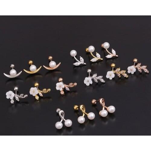 1PC CZ Pearl Flower Stainless Steel Stud Earrings Screwed Earbone Nails Cartilage Piercing Earrings Puncture Jewelry Wholesale