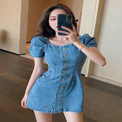 Temperament Square-collar Single-breasted Denim Dress Summer Bubble Short Sleeves Slimming Collect Waist A-line Women