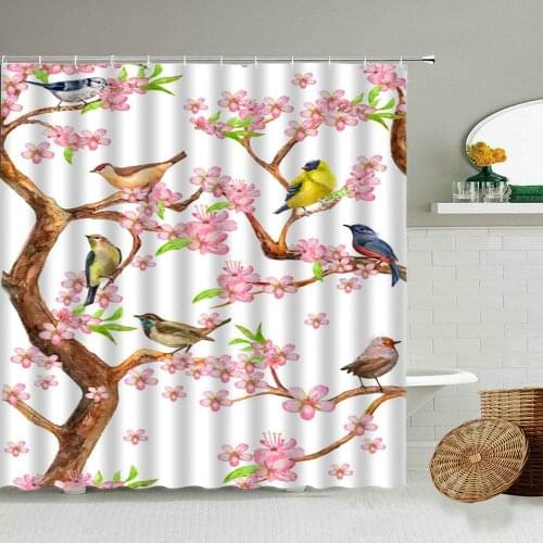 Flower Bird Scenery Shower Curtain Pink Cherry Blossom Peach Branch Plant Leaf Spring Theme Bathroom Waterproof Screen Home Deco