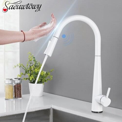 Brass White Smart Touch Kitchen Faucet Pull Out Sensor Touch Kitchen Faucet Crane Double Water Mode Mixer Faucet Free Rotatble