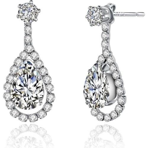 925 Sterling Silver Crystal Wedding Long Earrings Water Drop Shaped Stud Earrings for Women Brides Bridesmaid