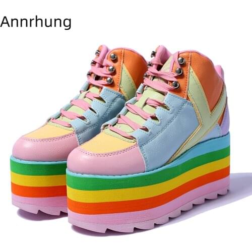 Macarone-color Flat Platform Shoes Woman Round Toe Cross-tied Patchwork Mixed Color Rainbow Heel Casual Shoes Women