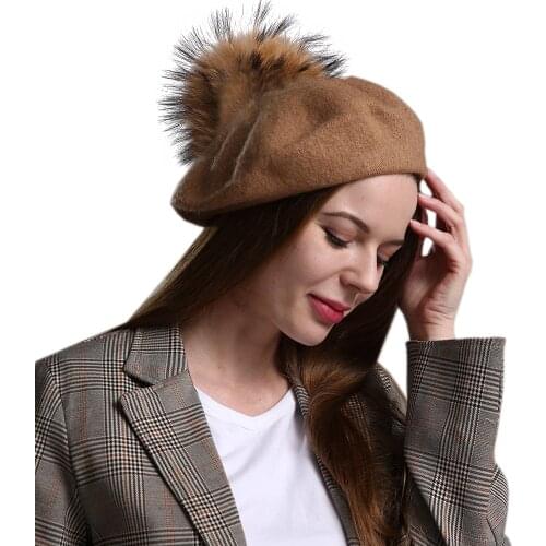 Autumn Winter 100% Wool Womens Beret Cap 15cm Big Real Natural Raccoon Fur Pompom Hat Mom Girls Pumpkin Hat For Women