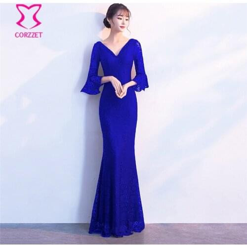Blue Floral Lace Beading V Neck Backless Flare Sleeve Floor-Length Slim Sexy Party Dresses Night Club Dress 2018 Vestido Festa
