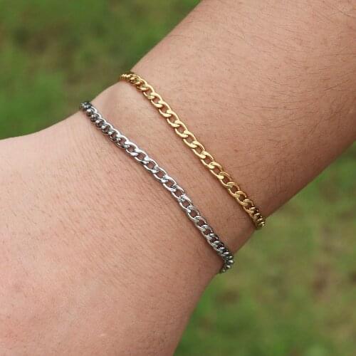 Gold Silver Color Cuban Chain Men Bracelet Classic Stainless Steel 4mm Width Curb Chain Bracelet For Men Women Jewelry Gift