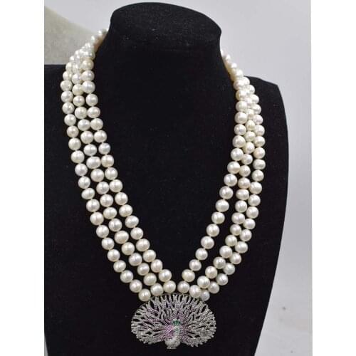 3rows freshwater pearl white near round 8-9mm 17-19inch necklace&red bird pendant wholesale nature beads FPPJ