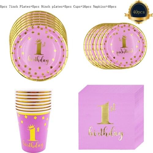 40pcs/Set Baby 1th Birthday Party Disposable Tableware Set Plates Napkin Tableware Decorations for Baby Birthday Party Supplies