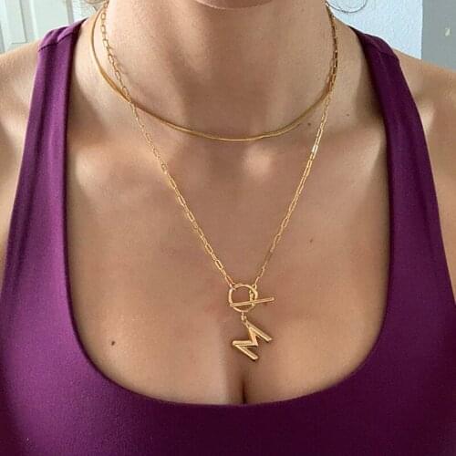 A-Z Initial Necklaces For Women Hip-Hop Stainless Steel Gold Thick Pin Chain Buckle 26 Letters Choker Pendant Necklace Jewelry