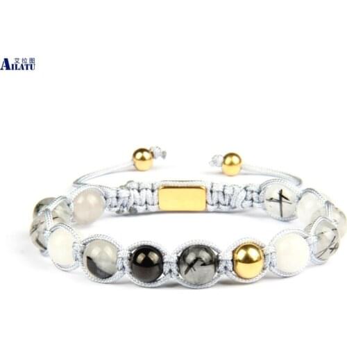 Ailatu New Stainless Steel Mens Macrame Bracelets Wholesale 8mm Natural Rutilated Quartz Stone Beads Top Quality