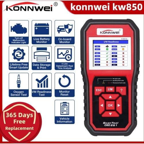 KONNWEI KW850 OBD2 Car Diagnostic Scanner Tools OBD 2 Auto Diagnostic Tool Check Engine Automotive Car Scanner Code Reader Black