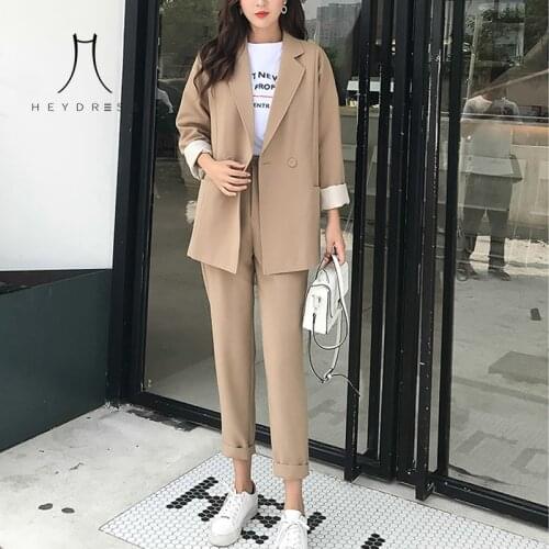 Heydress Casual Solid Women Pant Suits Notched Collar Blazer Jacket & Pencil Pant Khaki Female Suit Autumn high quality