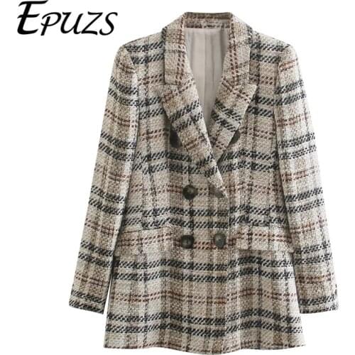 ZA 2021 Women Double Breasted Tweed Blazers Coat Vintage Long Sleeve plaid blazer casual female suit jacket