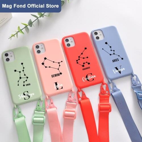 Custom Name Twelve Constellations Lanyard Phone Case For iPhone 12 11 Pro Max SE 7 8 Plus X XR XS With Rope Soft Silicone Cover