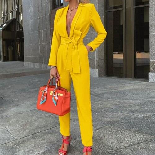 New Autumn Solid Jumpsuits Women Sexy Deep V Neck Long Sleeve Pocket Sashes Long Romper Fashion Office Ladies Wear Slim Overalls