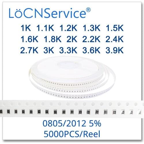 LoCNService 0805 J 5% 5000pcs 1K 1.1K 1.2K 1.3K 1.5K 1.6K 1.8K 2K 2.2K 2.4K 2.7K 3K 3.3K 3.6K 3.9Ksmd 2012 resistor OHM
