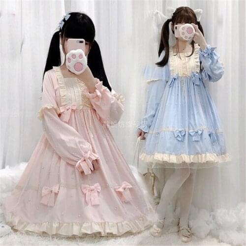 Sweet Japanese Lolita Dress Girls Cute Kawaii Bow Pearl Ruffles Princess Loli Dress Fairy Squared Collar Tea Party Vestido