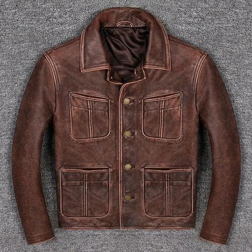 2020 Retro Vintage Brown Men American Casual Style Leather Jacket Plus Size 5XL Genuine Cowhide Natural Coat FREE SHIPPING