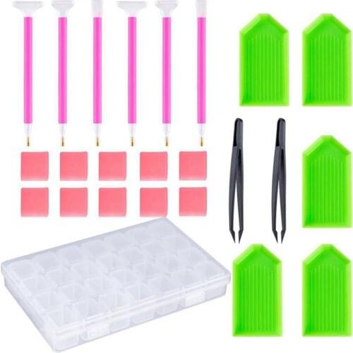 24 Pieces DIY Diamond Painting Cross Stitch Tool Set Including Diamond Stitch Pen, Tweezers, Glue, Plastic Tray and Diamond Embr