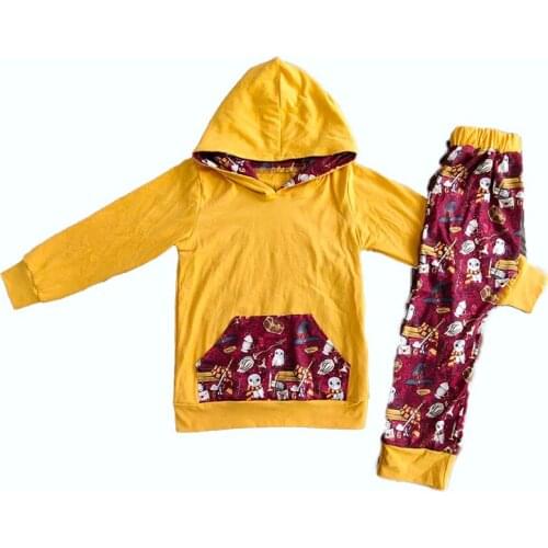 Autumn and winter two piece Hoodie childrens yellow pocket top with leggings set 0-16 years old childrens clothing