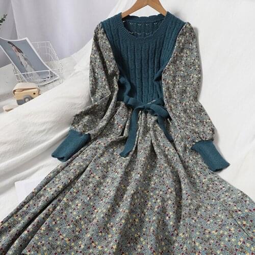 Autumn sweater dress women winter splicing Pullover knitting dress sweet corduroy Floral print Dress