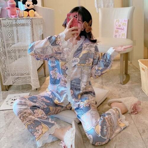 IZICFLY Summer Fall Print Floral pijama Faux Silk Sleepwear Satin night suits for women Pyjamas Long Sleeve homewear -2 Pieces
