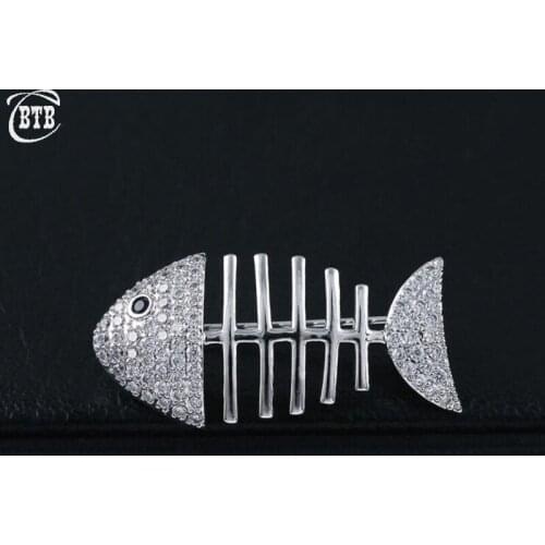Full Zircon Fish Bone Brooches For Women And Men High Quality Lovely Animal Brooch Pins Gifts Copper Jewelry