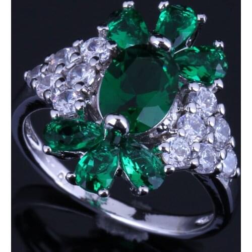 Superior Plant Green Cubic Zirconia White CZ Silver Plated Ring V0633