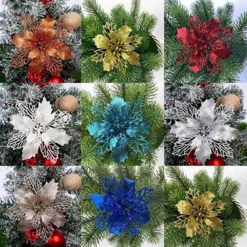 Christmas Tree Hanging Hollow Ornament Glitter Plastic Big Flower For Xmas Wedding Party Home Gold Red Silver 2020 Christmas Dec