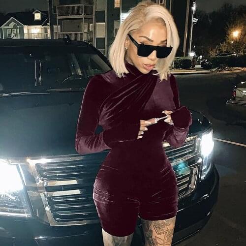 Fall Winter Velvet Jumpsuit Women Playsuit short Full Sleeve Ruched Skinny Rompers Womens Jumpsuit Sexy Night Party Club Outfits