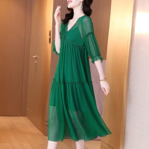 High Quality 2021 Summer Fashion Women Dress Slik V Neck Green Summer Party Vestidos Women Clothing Vestido De Mujer WPY3622