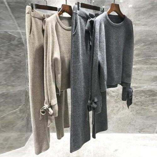 High Quality Wool Knitted 2 Piece Set Cashmere Loose Sweater Tops Elastic Wiast Wide Leg Pants Suit Winter Warm Women Tracksuit