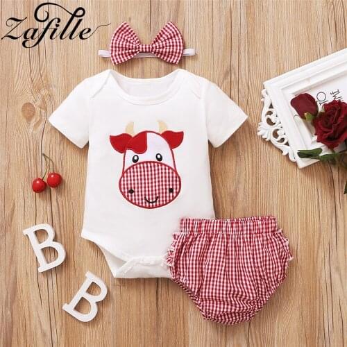 ZAFILLE Summer Baby Clothes For Newborns Cartoon Cute Cow Baby Girl Clothes Set 3pcs Plaid Toddler Suit Infant Girl Clothes