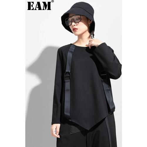 [EAM] Women Black Ribbon Split Joint Big Size T-shirt New Round Neck Long Sleeve Fashion Tide Spring Autumn 2021 1DC776