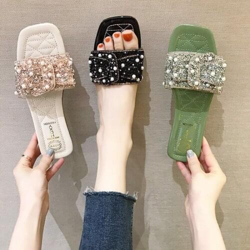 Apanzu 2021 New Women slippers Rhinestone Flat Slides Shoes Summer Style Bling Bowtie Jelly Shoes Woman Casual Peep Toe Sandal