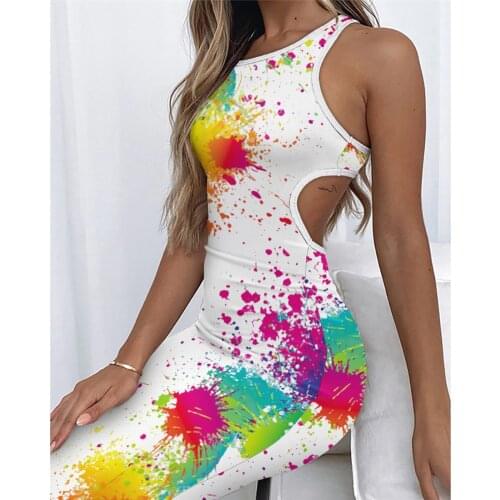 Colorful Printed Bodycon Dress Sexy Open Back Women’s Summer Dress 2021 Sheath Sleeveless Casual Tee Shirt Tunic Dress
