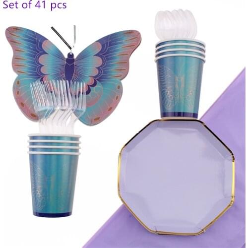 41Pc/Set Butterfly Theme Disposable Tableware Birthday Decoration Baby Shower Plate Cup Napkins Spoons Tablecloth Party Supplies