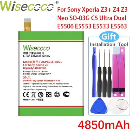 Wisecoco AGPB015-A001 4850mAh For Sony Xperia Z3+ Z4 Z3 Neo SO-03G C5 E5533 E5506 Z3 Plus E5563 E6553 E5553 NEW BATTERY