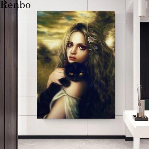 5d diy diamond painting Pretty girl and black cat diamond mosaic cross stitch embroidery diamond round square stones decor