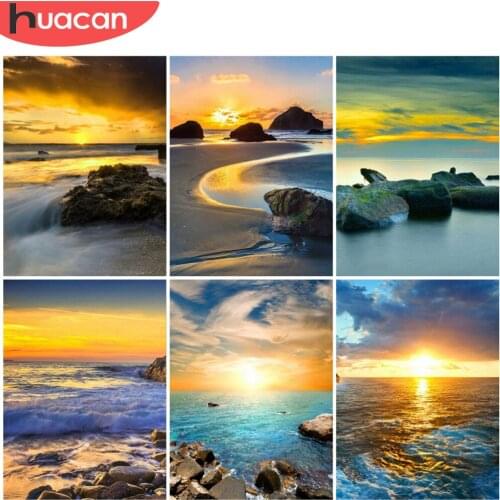 HUACAN Full Square/Round Diamond Painting Seaside Landscape Mosaic Embroidery Sunset Cross Stitch Decoration For Home
