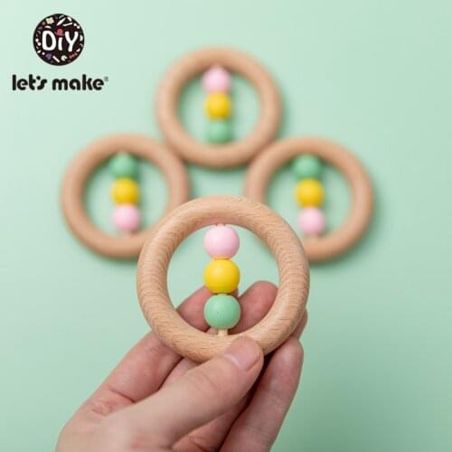 Lets Make 1PC Baby Toys Wood Crafts Beech Wooden Teether 70mm Wood Ring Baby Rattle Toddler Toy Colored beads Baby Teether