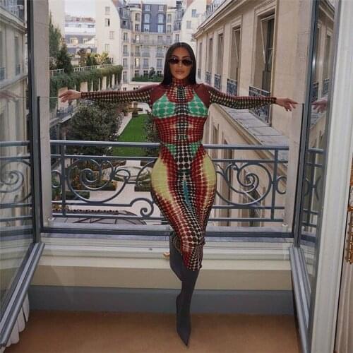 Contrast Trend Thin Women Bodycon Long Shell Aesthetic Printing Maxi Dress Rolling Stock Fitness Stretchy Thin Clubwear2021