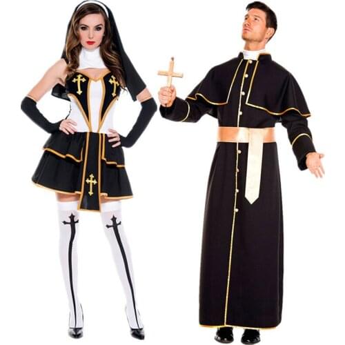 Medieval Costumes Missionary Pirest Nun Cosplay Clothing Adult Men Women Masquerade Fancy Women Sexy Dress with Headscarf