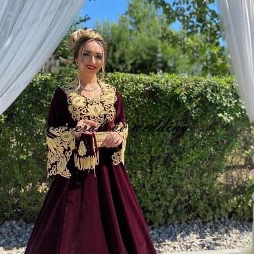 Red Velvet Traditional Kosovo vestidos formales Arabic Evening Dresses Flared Sleeves Applique Prom Party Dress robe de soirée